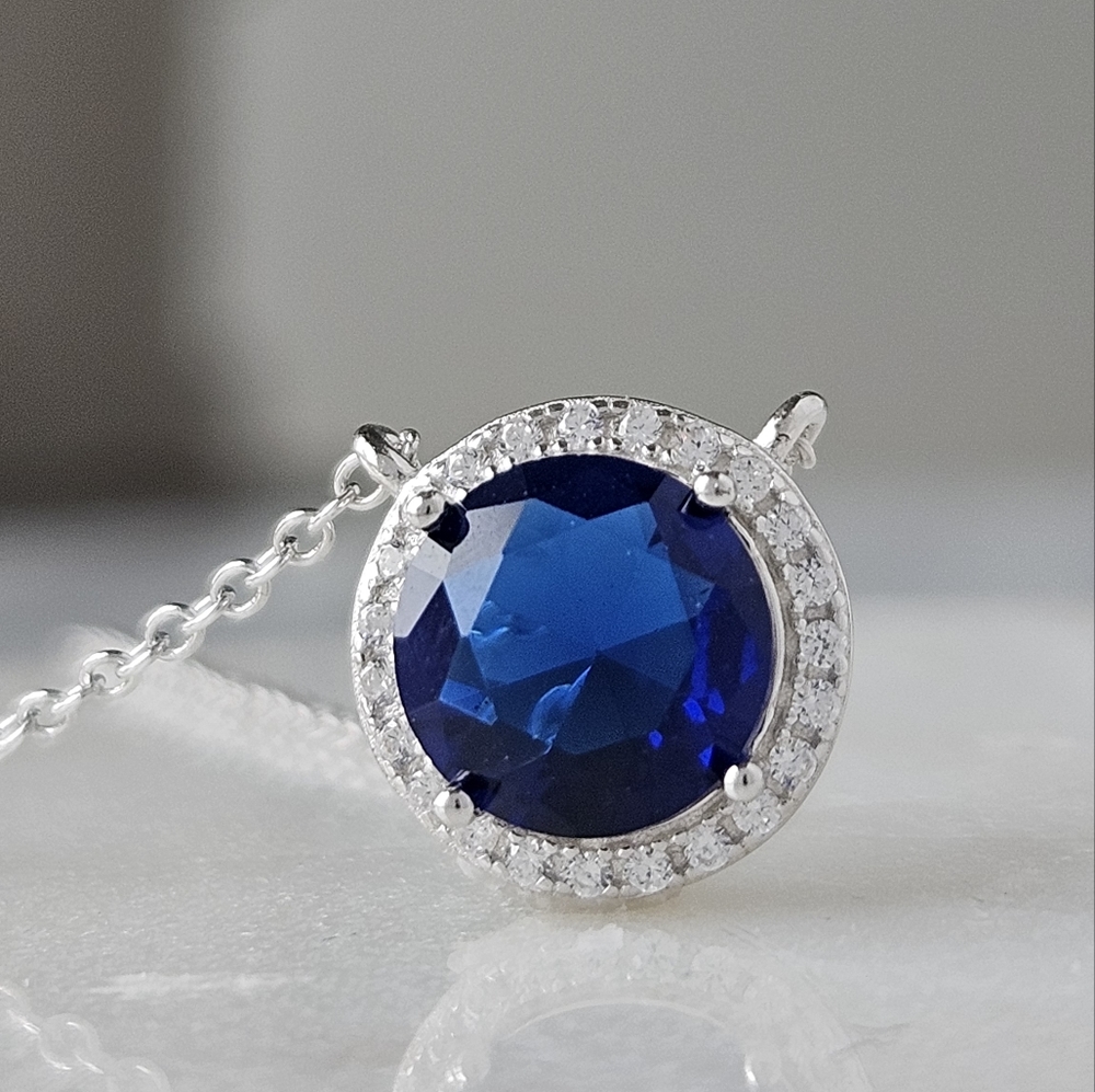 Sapphire Blue Round Halo Gemstone Necklace, 925 Sterling Silver